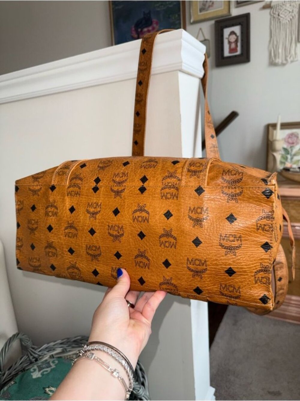 MCM Cognac Large Monogram Logo-Print Leather Shoulder Bag Tote Travel - Picture 5 of 9